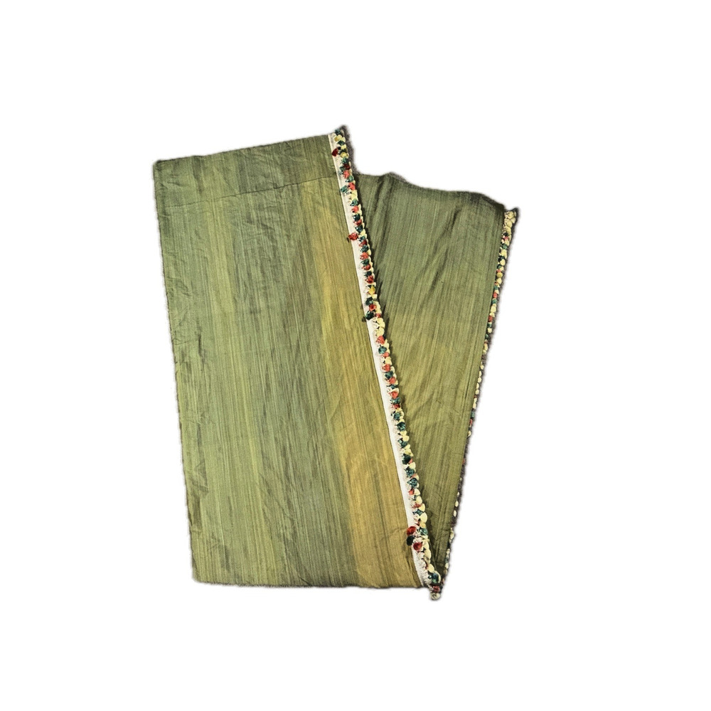 Single Stunning Silk Curtain Panel Green Double Lined 106 Long Poms Border Trim